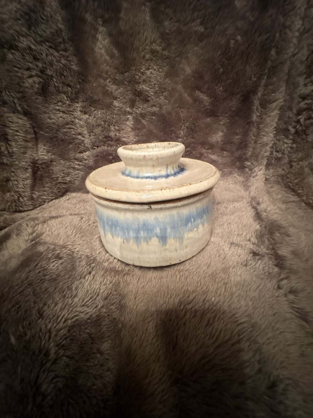 Dakota Stoneware Butter Keeper Crock Blue Speckled Handcrafted Pottery